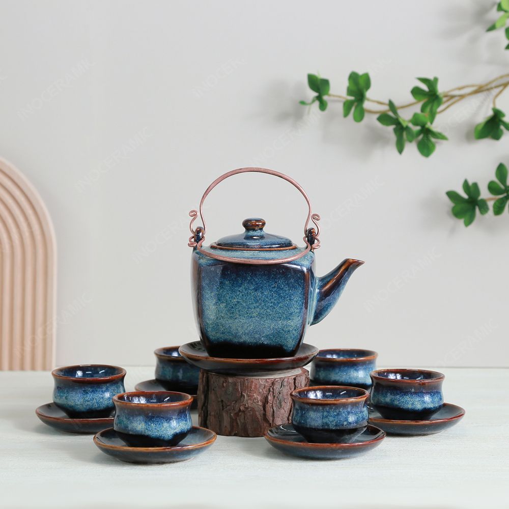 Bộ ấm trà lục giác quai đồng men hoả biến