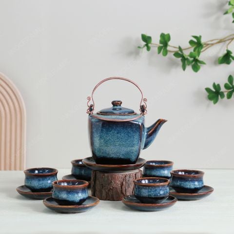 Bộ ấm trà lục giác quai đồng men hoả biến