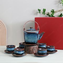 Bộ ấm trà lục giác quai đồng men hoả biến