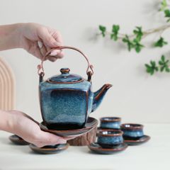 Bộ ấm trà lục giác quai đồng men hoả biến