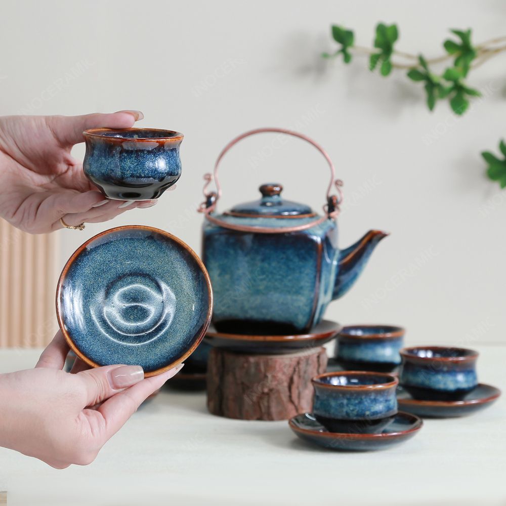 Bộ ấm trà lục giác quai đồng men hoả biến