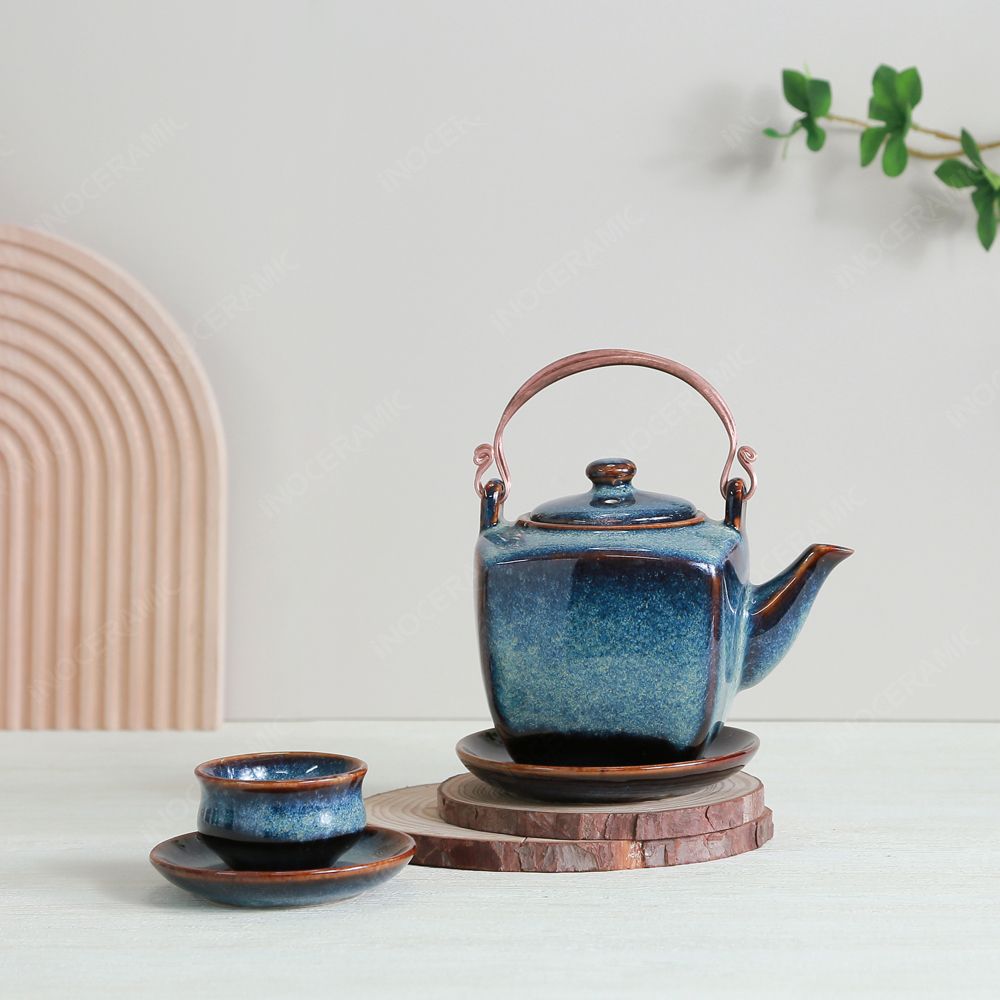 Bộ ấm trà lục giác quai đồng men hoả biến