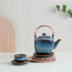 Bộ ấm trà lục giác quai đồng men hoả biến