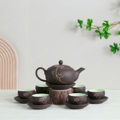Bộ ấm trà Minh Nguyệt hồng sa nâu vẽ sen vàng