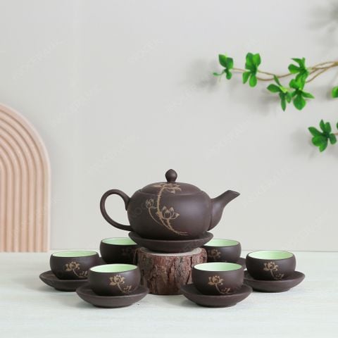 Bộ ấm trà Minh nguyệt hồng sa nâu sen vàng | Quà tặng doanh nghiệp