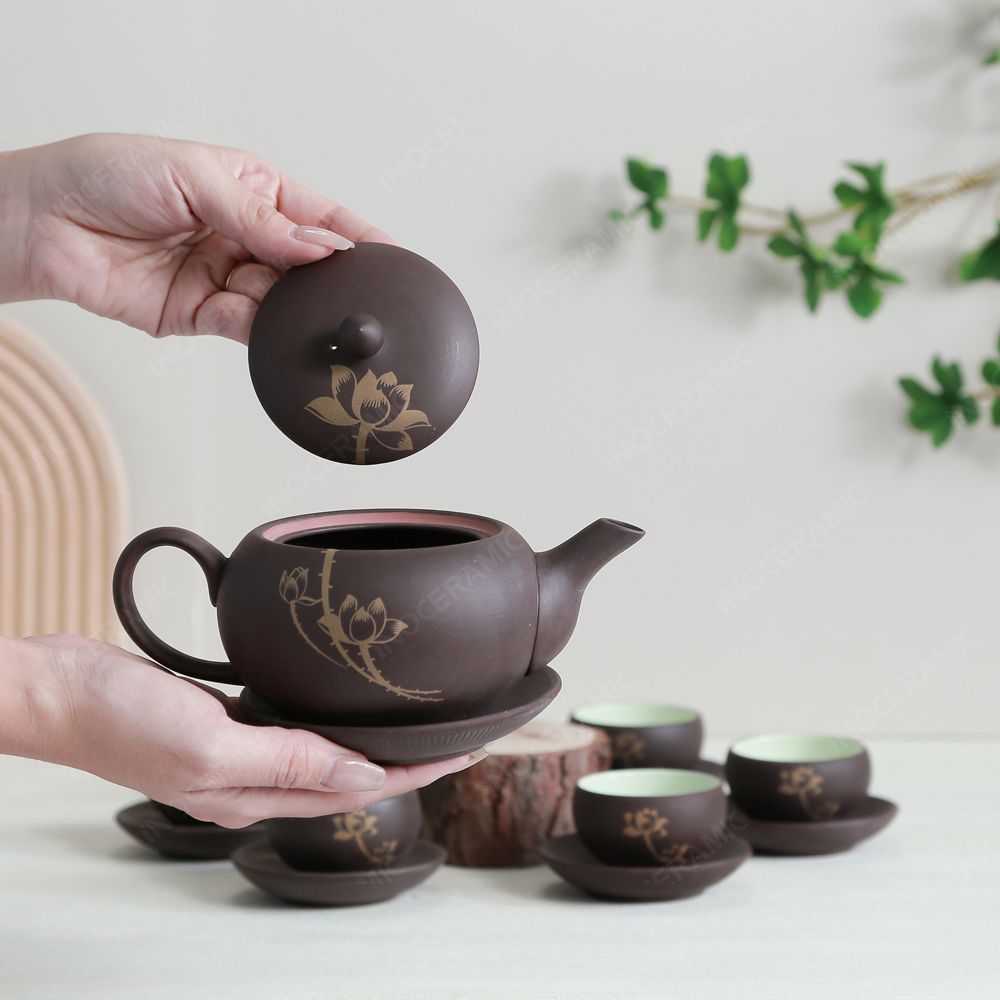 Quà tặng Đại hội Đảng - Bộ ấm trà Minh nguyệt hồng sa nâu sen vàng