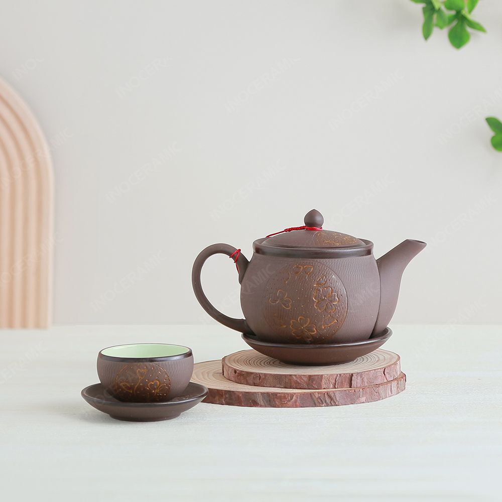 Bộ ấm trà Ngọc Khánh tử sa cỏ may mắn vàng