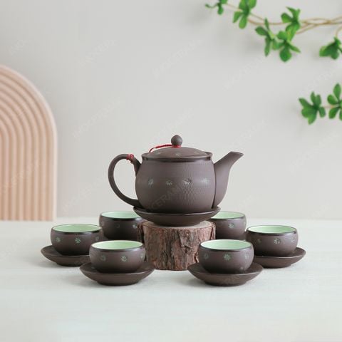 Bộ ấm trà Ngọc Khánh tử sa khắc hoa xanh