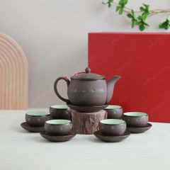 Bộ ấm trà Ngọc Khánh tử sa khắc hoa xanh