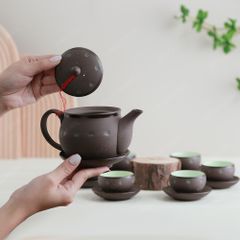 Bộ ấm trà Ngọc Khánh tử sa khắc hoa xanh