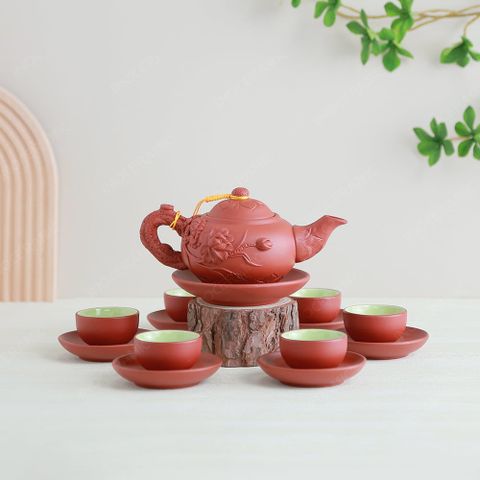 Bộ ấm trà Liên Hoa tử sa đỏ đắp nổi