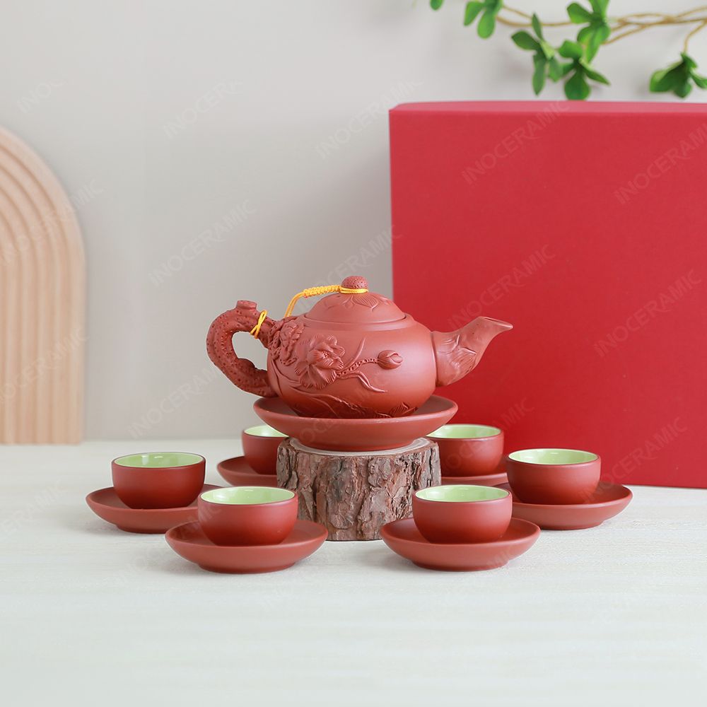 Bộ ấm trà Liên Hoa tử sa đỏ đắp nổi