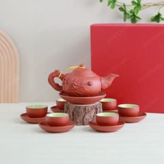 Bộ ấm trà Liên Hoa tử sa đỏ đắp nổi