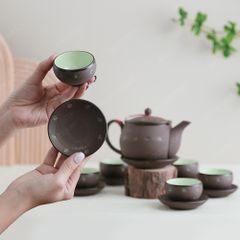 Bộ ấm trà Ngọc Khánh tử sa khắc hoa xanh