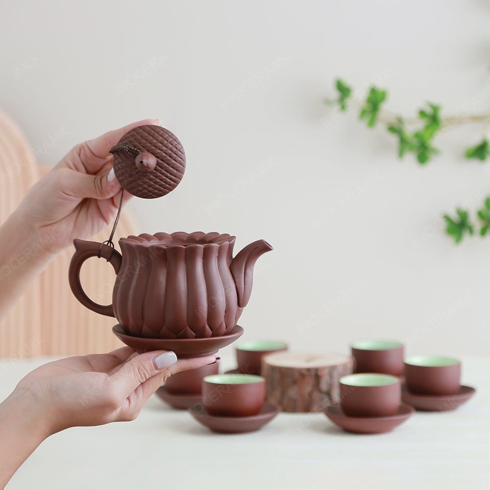 Bộ ấm trà Liên Đài hồng sa nâu