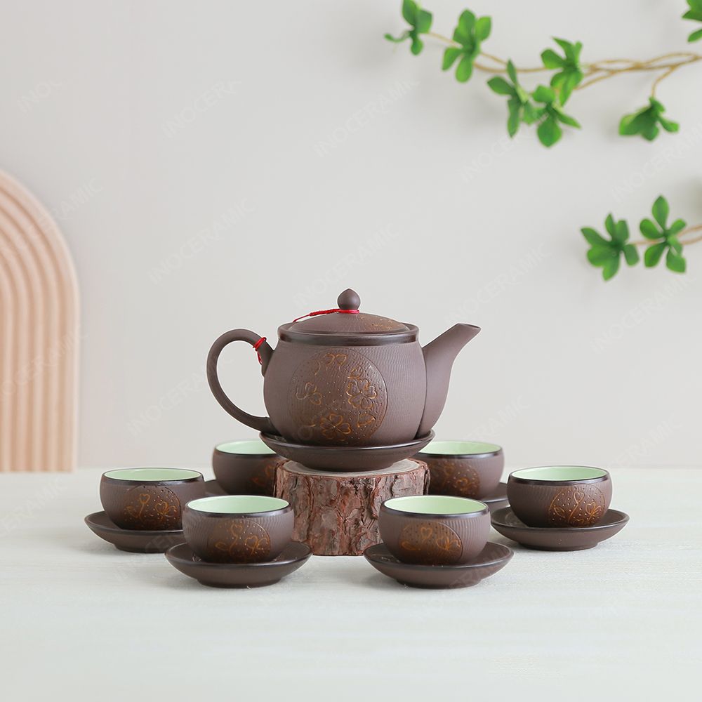 Bộ ấm trà Ngọc Khánh tử sa cỏ may mắn vàng