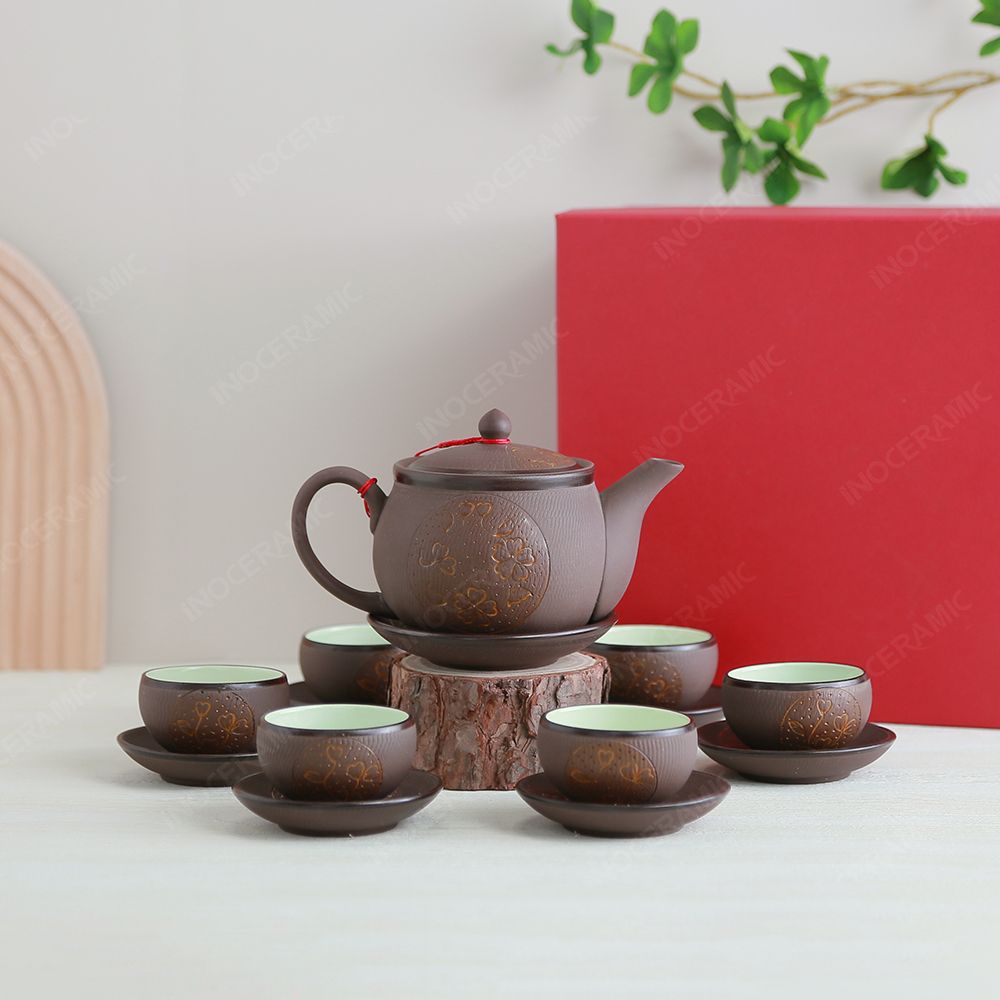 Bộ ấm trà Ngọc Khánh tử sa cỏ may mắn vàng