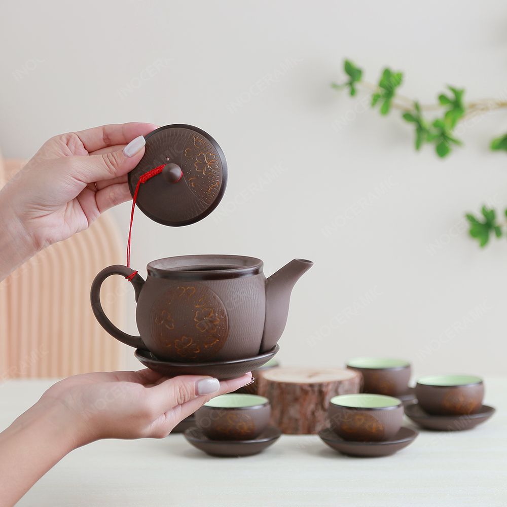 Bộ ấm trà Ngọc Khánh tử sa cỏ may mắn vàng