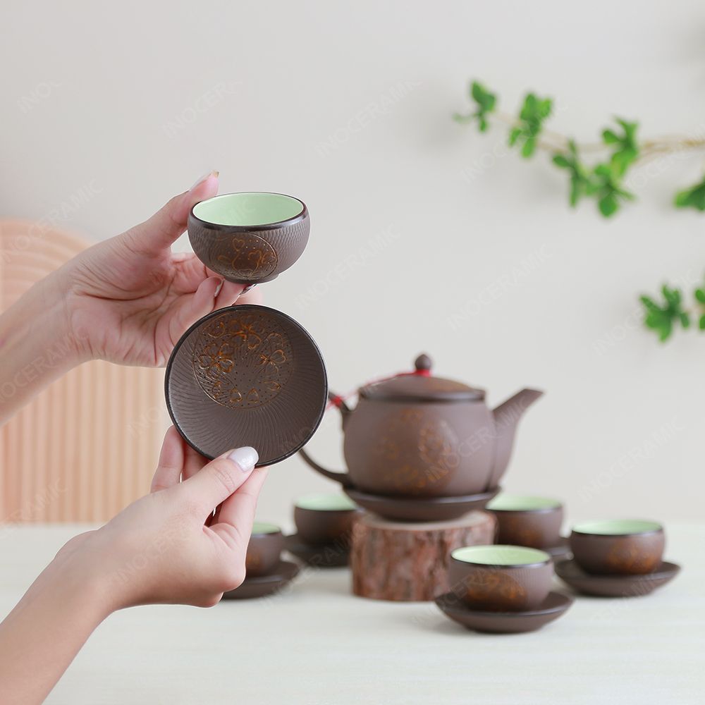 Bộ ấm trà Ngọc Khánh tử sa cỏ may mắn vàng