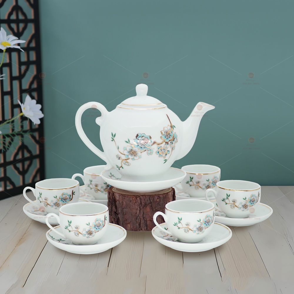 Bộ ấm trà Camelia đào xanh kẻ chỉ vàng