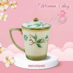 Quà tặng 8/3 - Ly vát có nắp men màu vẽ tay