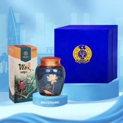 Quà tặng Công đoàn - Giftset hũ trà men lam sen vàng in logo kèm hộp trà