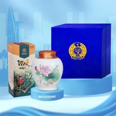 Quà tặng Công đoàn - Giftset hũ trà men trắng sen hồng in logo kèm hộp trà