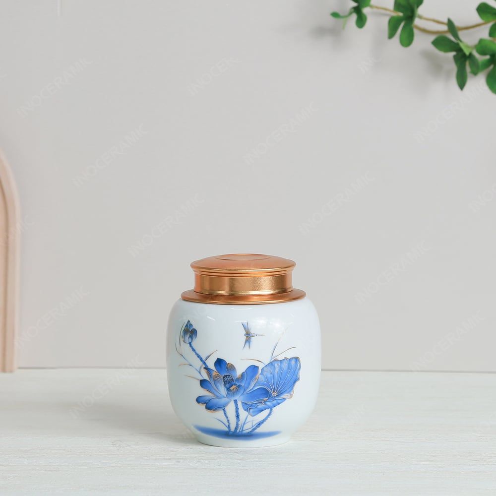 Hũ đựng trà Sen xanh cobalt men trắng