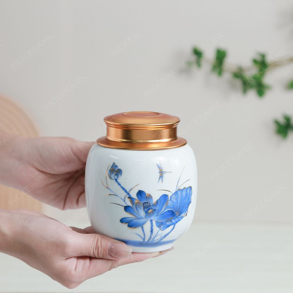 Hũ đựng trà Sen xanh cobalt men trắng