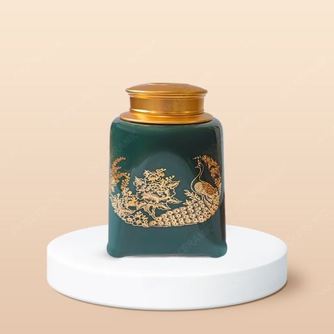 Hũ đựng trà Khổng Tước men ngọc - Mẫu vuông