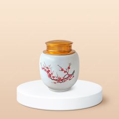Hũ đựng trà Cành đào đỏ men trắng