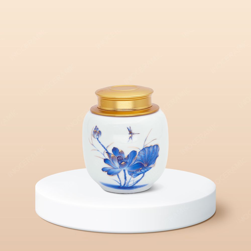 Hũ đựng trà Sen xanh cobalt men trắng