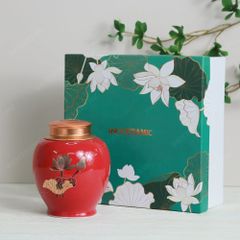 Hũ đựng trà Sen Vàng men đỏ