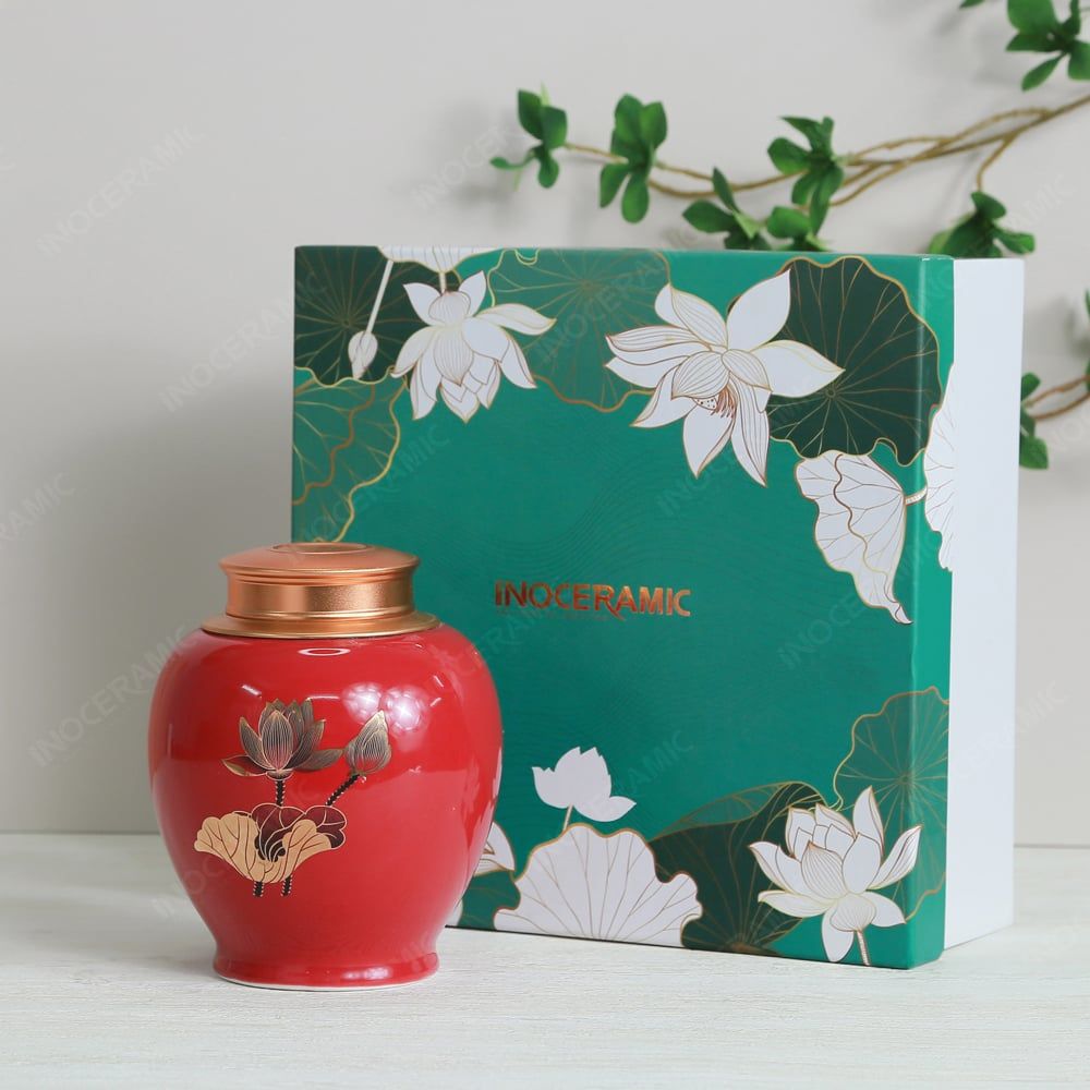 Quà tặng Đại hội Đảng - Hũ trà men đỏ sen vàng 250gr