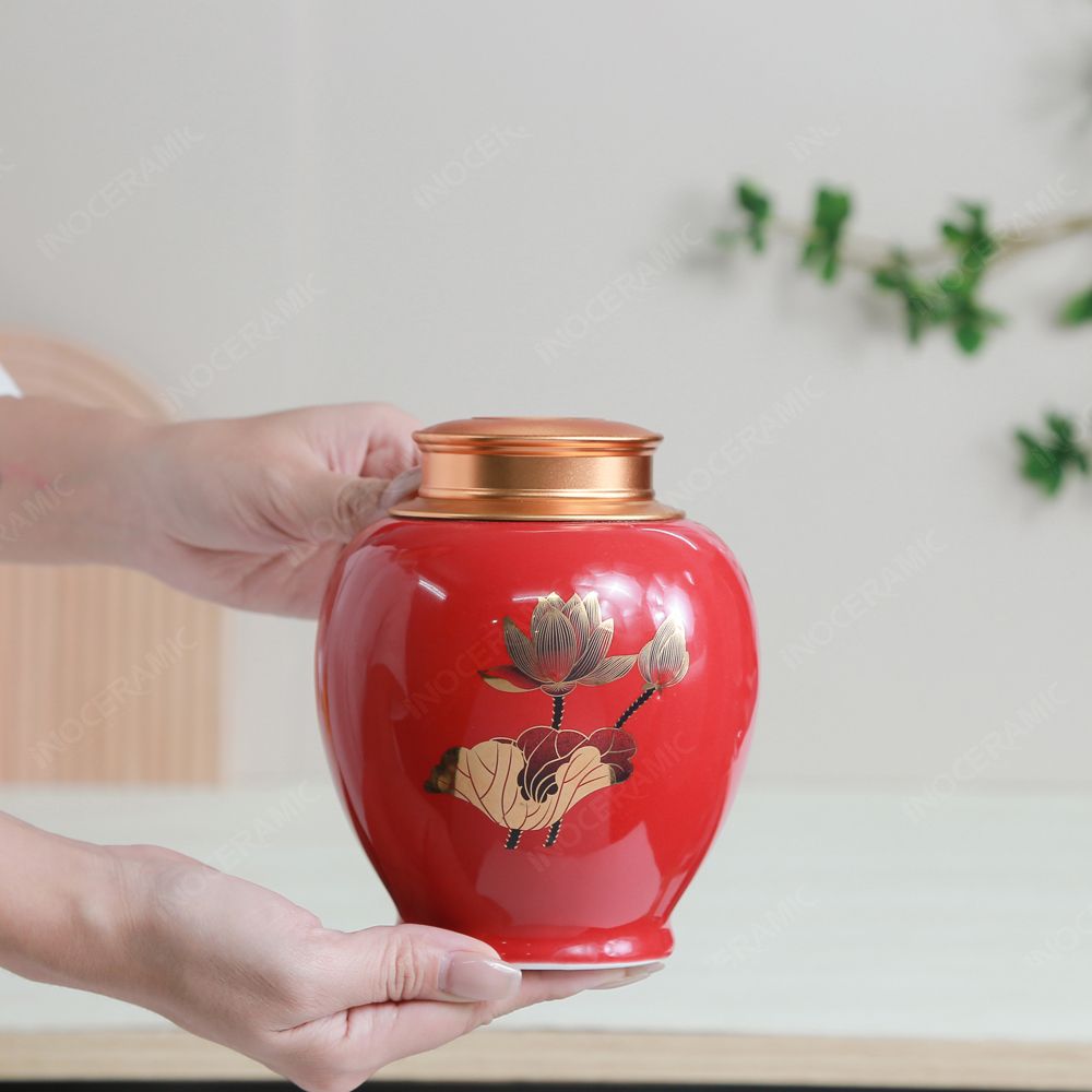 Quà tặng Đại hội Đảng - Hũ trà men đỏ sen vàng 250gr