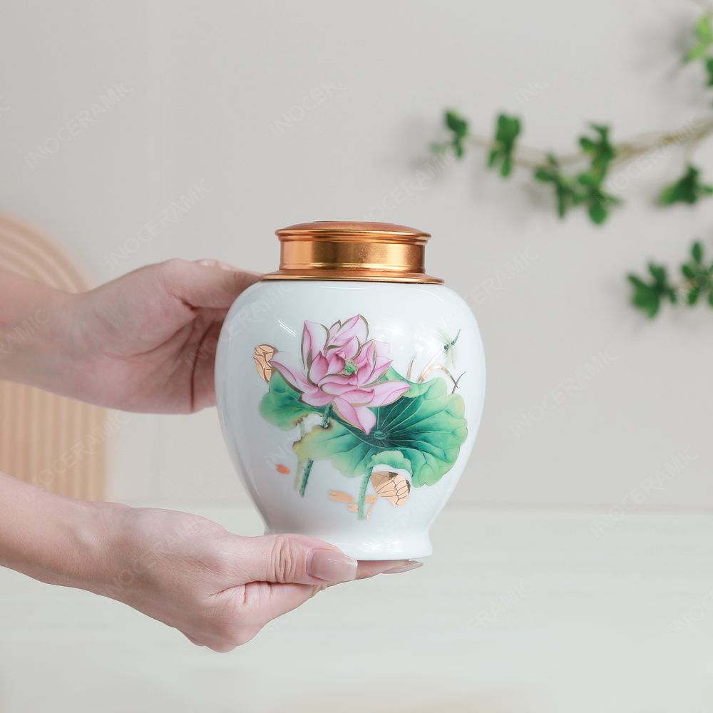 Hũ đựng trà Hồng liên men trắng