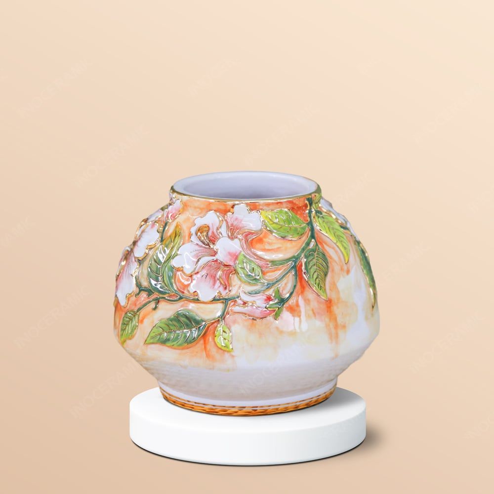 Lọ đắp nổi hoa râm bụt vẽ vàng H15 in logo