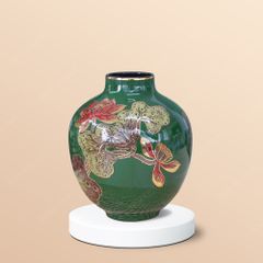 Lọ hoa men ngọc sen đỏ vẽ vàng H25