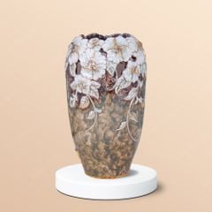 Lọ nâu đắp nổi hoa anh thảo vẽ vàng H20