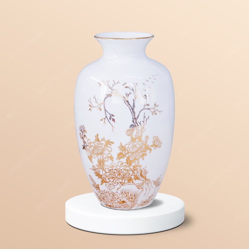 Lọ hoa mẫu đơn chỉ vàng in logo quà tặng