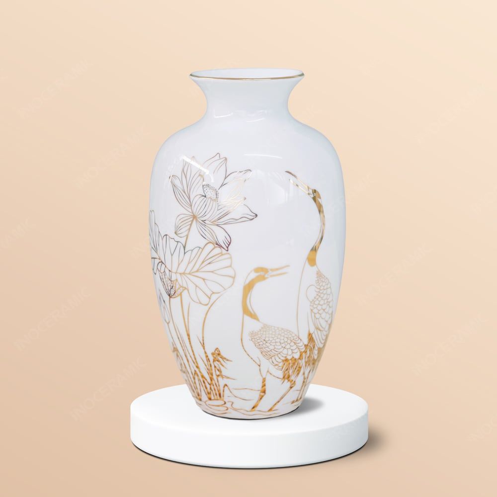 Lọ hoa sen hạc chỉ vàng in logo quà tặng