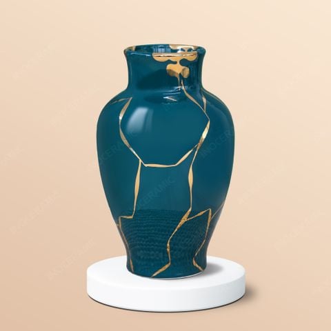 Bình hoa cổ lọ men lam vẽ vàng H30