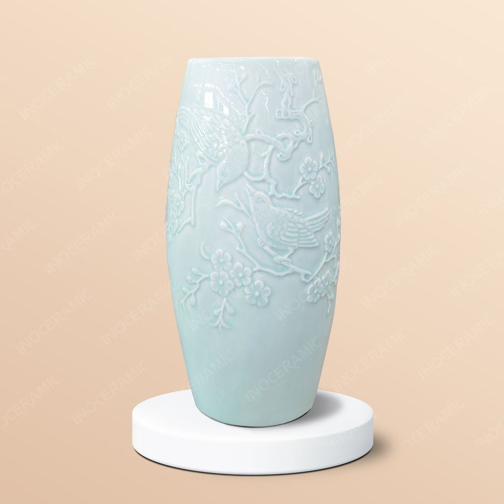 Lọ hoa Chim hoạ mi mùa xuân khắc nổi in logo