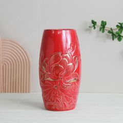 Lọ bom men đỏ sen vàng khắc nổi