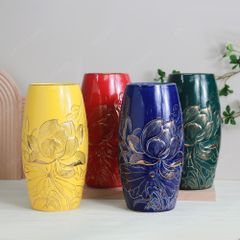 Lọ bom men lục sen vàng khắc nổi