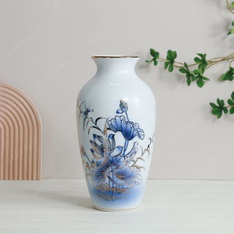 Lọ hoa Sen xanh cobalt vẽ vàng H27