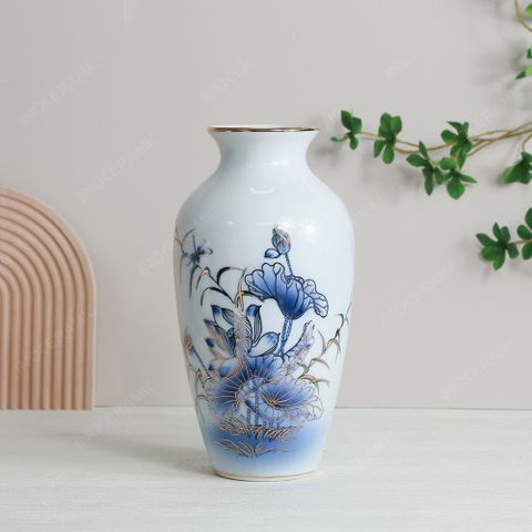 Quà tặng Quân đội - Lọ hoa Sen xanh vẽ vàng H30