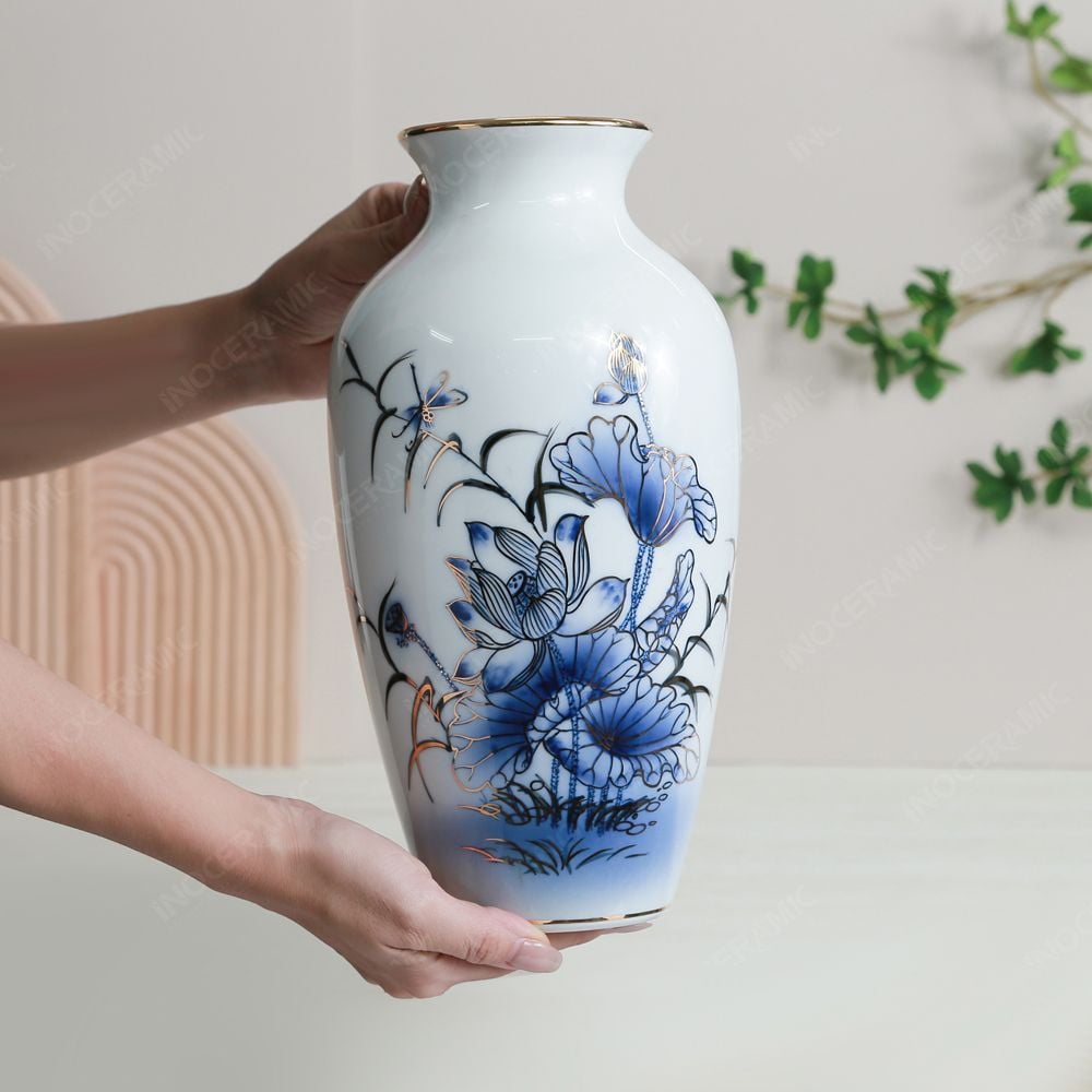 Lọ hoa Sen xanh cobalt vẽ vàng H27