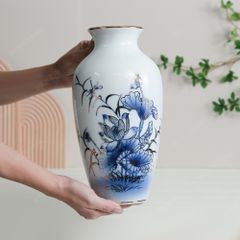 Lọ hoa Sen xanh cobalt vẽ vàng H27