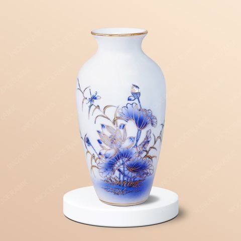 Lọ hoa Sen xanh cobalt vẽ vàng H27